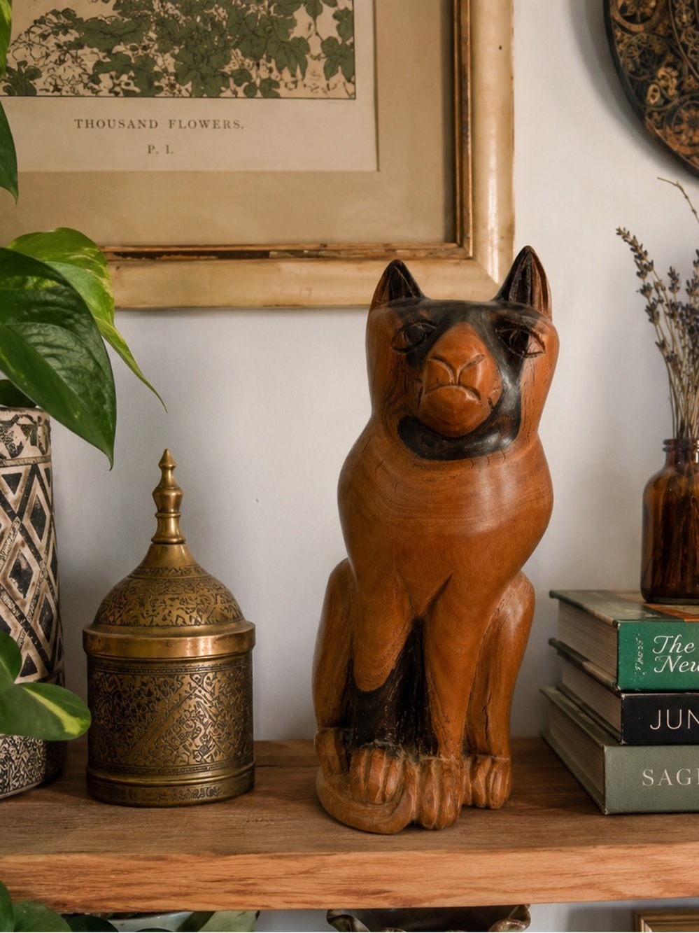 Vintage Hand Carved Wood Sad Cat Statue Sculpture 9" Boho Folk Art Home Decor